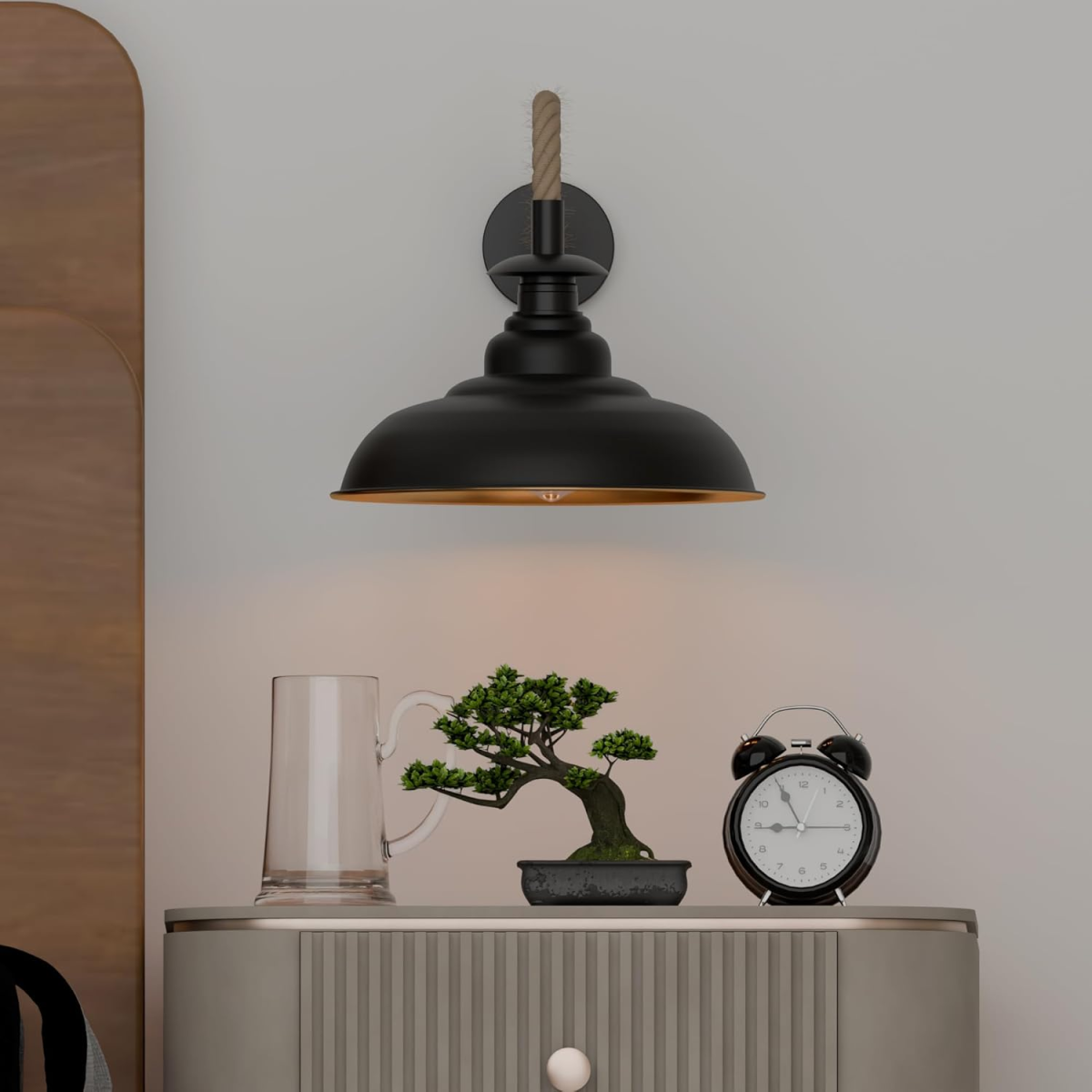 Black Hemp Rope Wall Sconce | 32cm Curvy Industrial Shade E27 ~6510