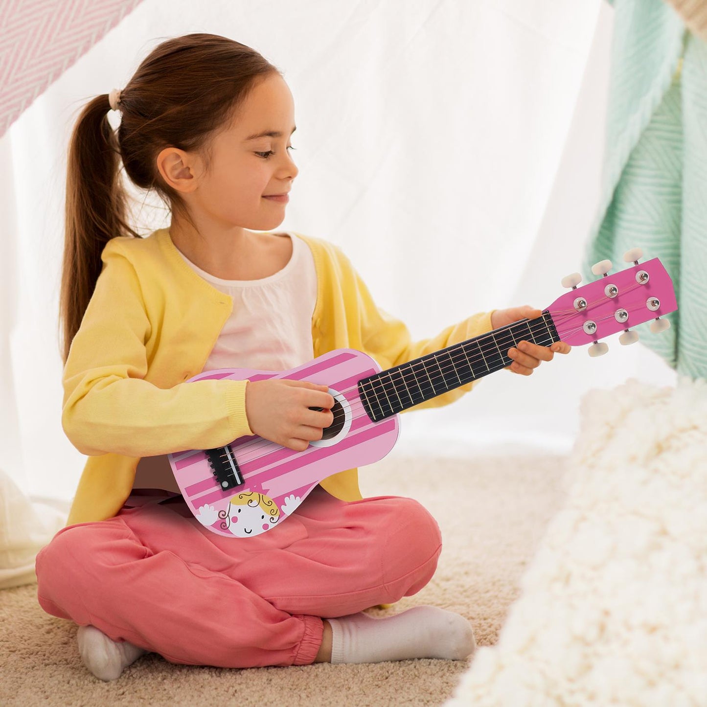 SOKA Wooden Pink Striped Guitar Musical Instrument Pretend Play Music Toy Interactive Role Play Game Early Developmental Gift for Children Toddler Kids Boys Girls Ages 3 year old +