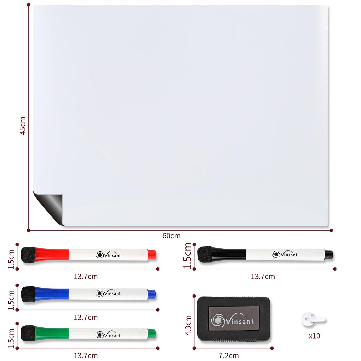 Vinsani 450x600 Whiteboard w/ 4 Markers and Eraser 0000143