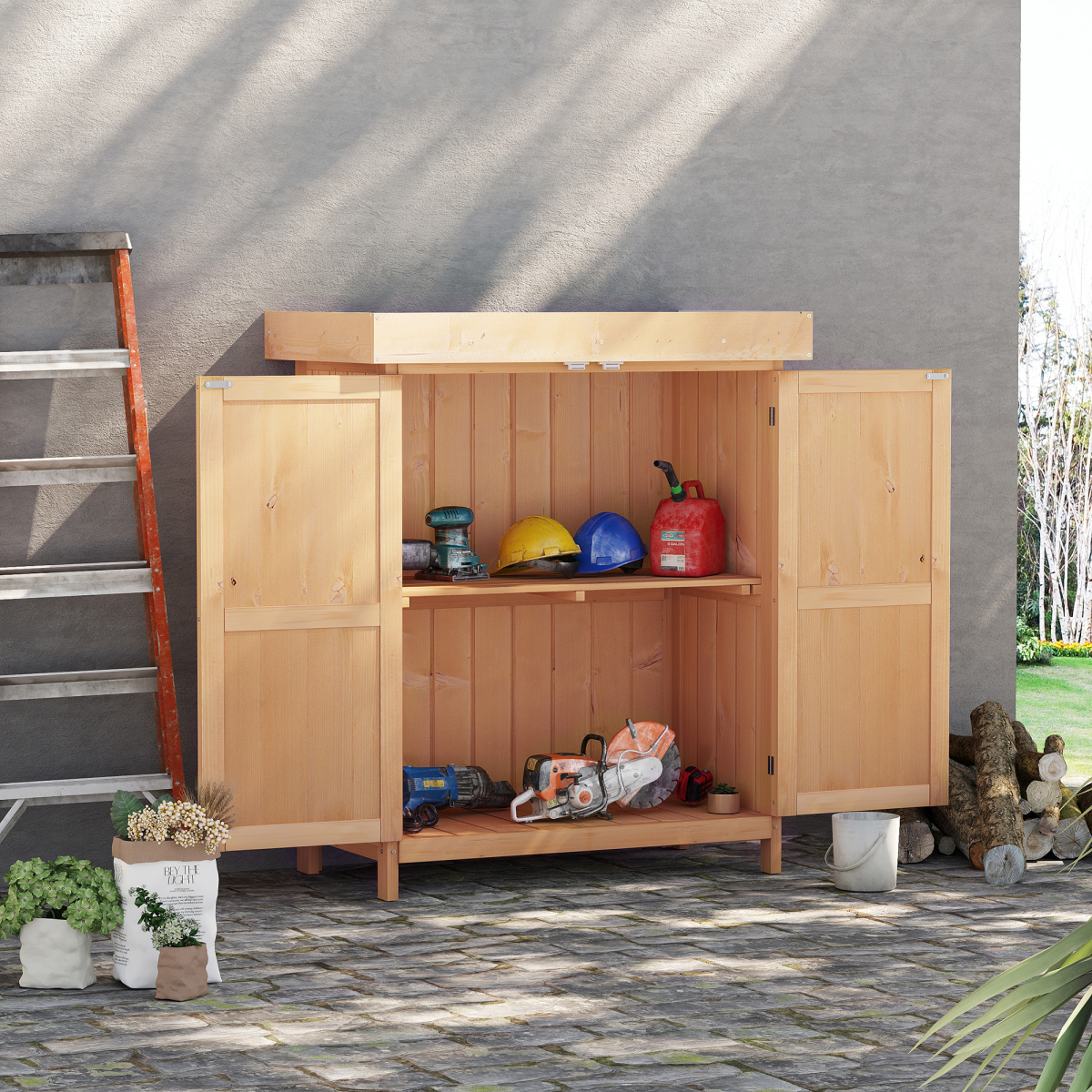 74x43x88cm Garden Shed Storage Wooden Chest Double Doors Shelf Hinged Roof