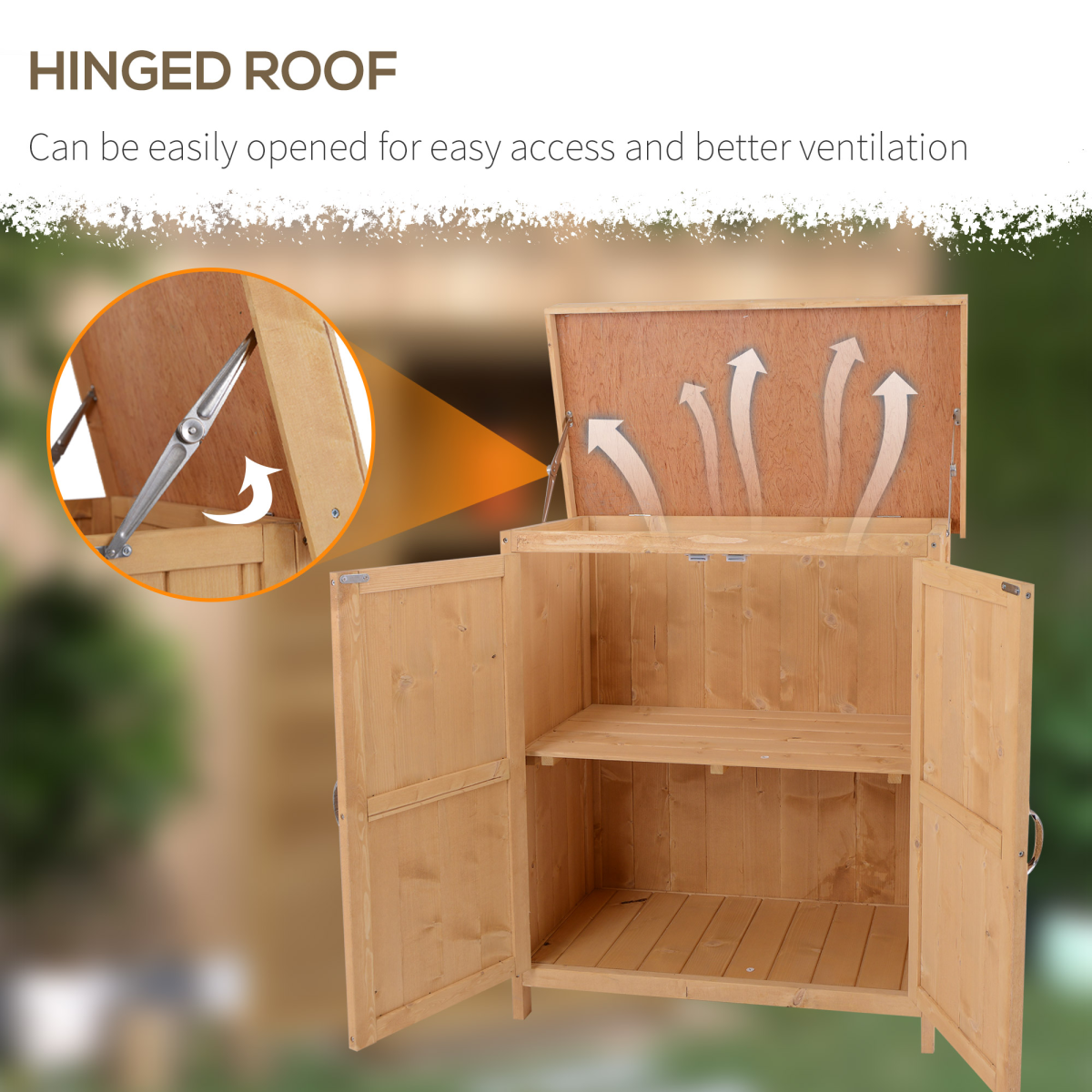 74x43x88cm Garden Shed Storage Wooden Chest Double Doors Shelf Hinged Roof