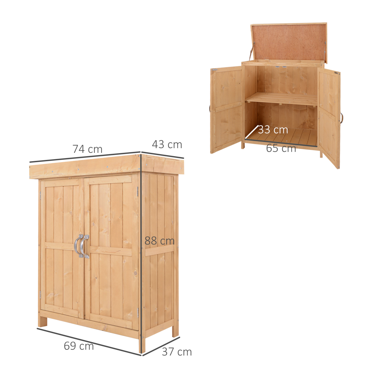 74x43x88cm Garden Shed Storage Wooden Chest Double Doors Shelf Hinged Roof