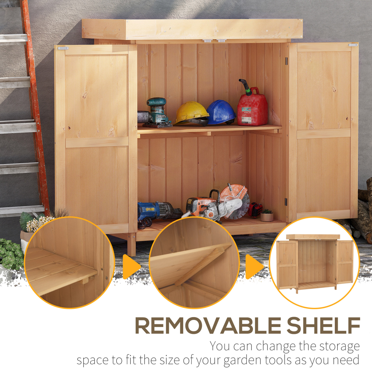 74x43x88cm Garden Shed Storage Wooden Chest Double Doors Shelf Hinged Roof