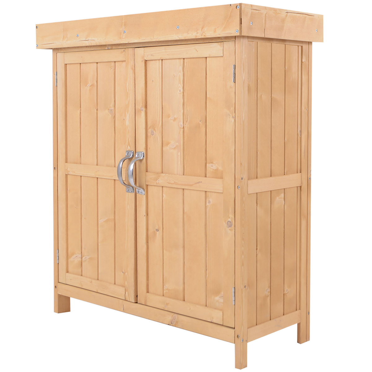 74x43x88cm Garden Shed Storage Wooden Chest Double Doors Shelf Hinged Roof