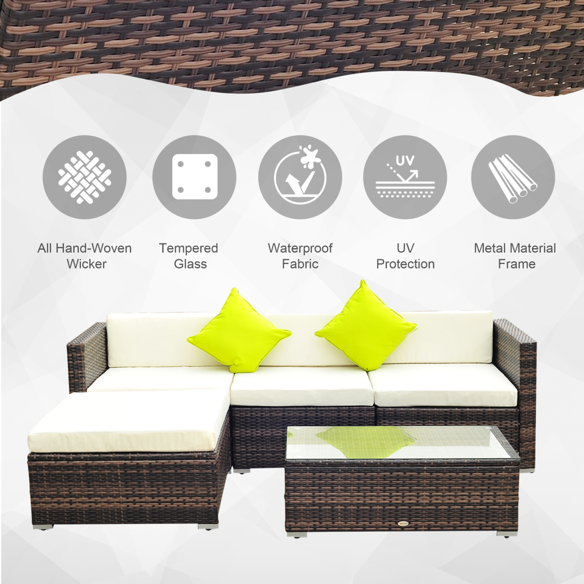 5PC Rattan Furniture Set Wicker Sofa Glass Tempered Tea Table & Cushion Pillows