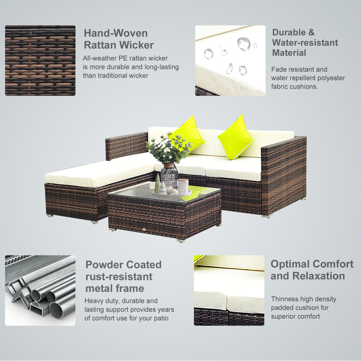 5PC Rattan Furniture Set Wicker Sofa Glass Tempered Tea Table & Cushion Pillows