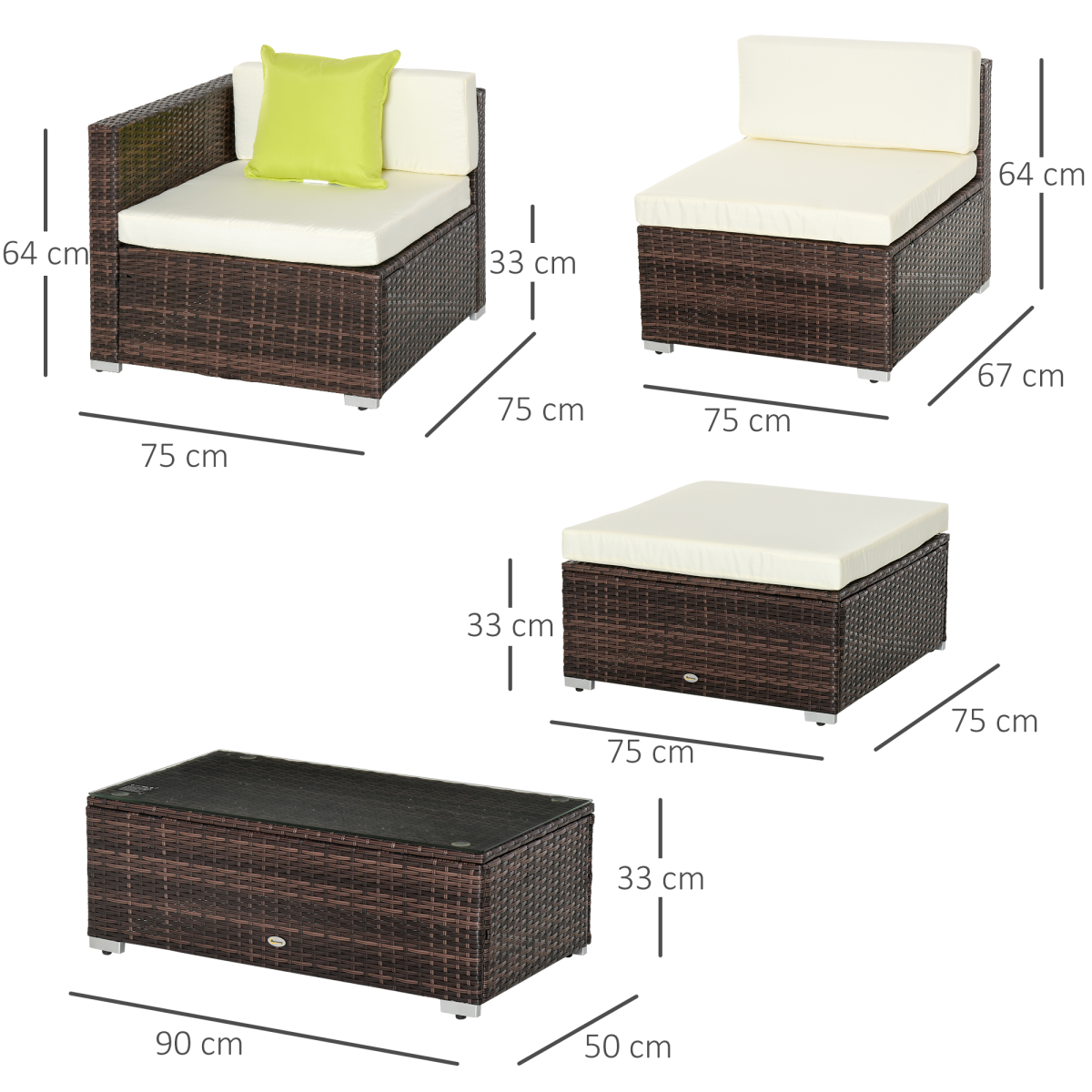 5PC Rattan Furniture Set Wicker Sofa Glass Tempered Tea Table & Cushion Pillows