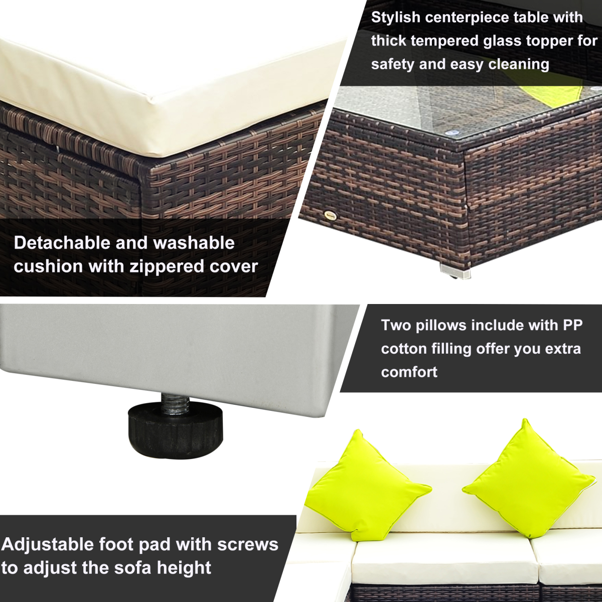 5PC Rattan Furniture Set Wicker Sofa Glass Tempered Tea Table & Cushion Pillows