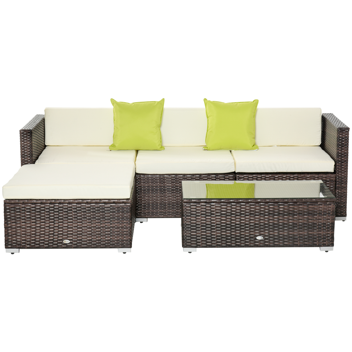 5PC Rattan Furniture Set Wicker Sofa Glass Tempered Tea Table & Cushion Pillows