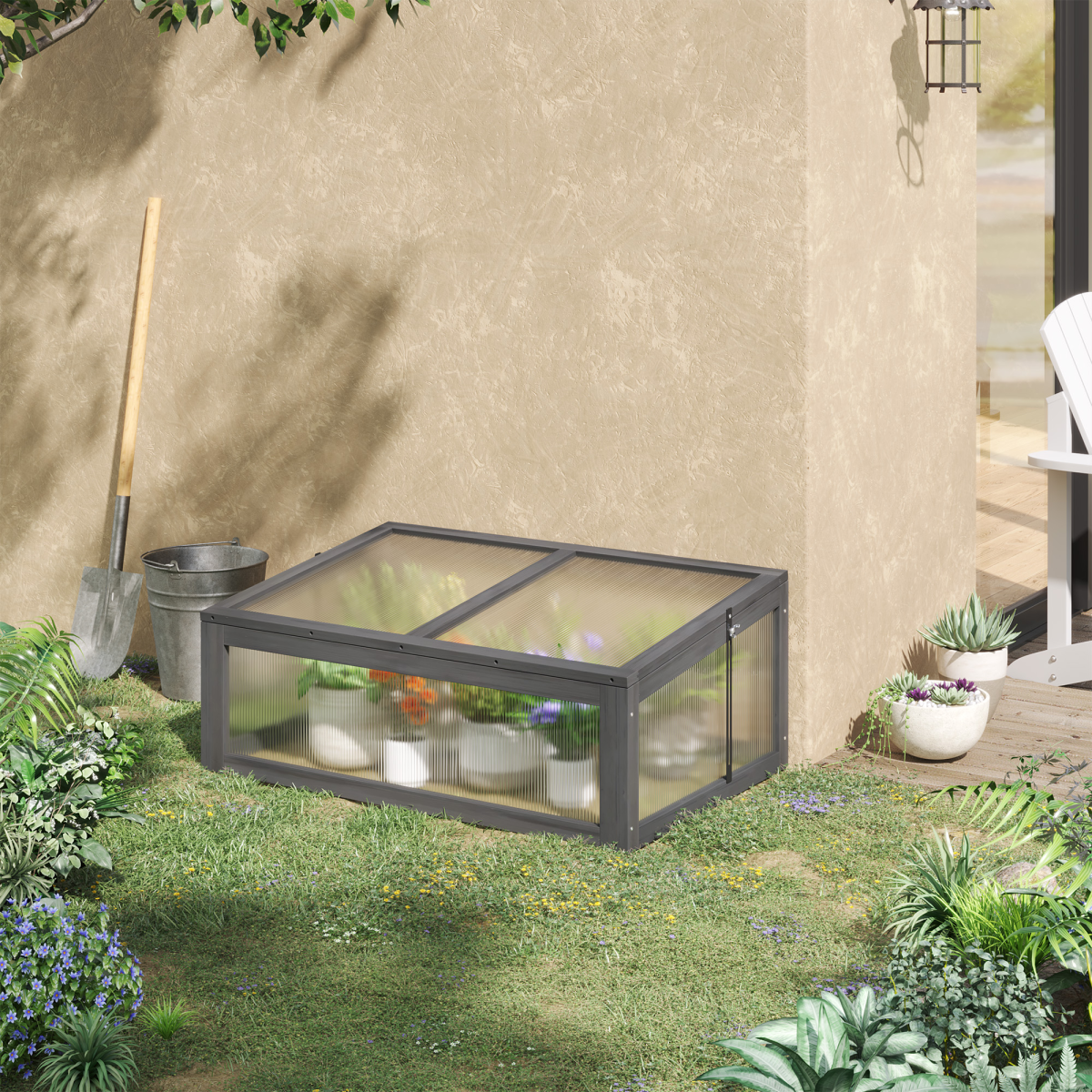 Square Wooden Greenhouse with Openable & Tilted Top Cover, PC Board