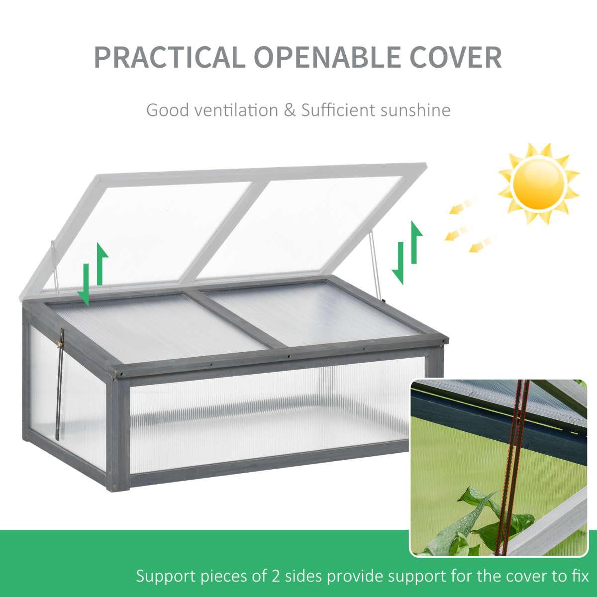 Square Wooden Greenhouse with Openable & Tilted Top Cover, PC Board