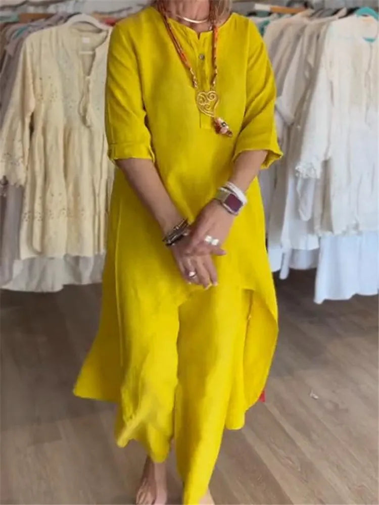 2024 Europe and the United States cross-border summer new, pure color casual long-sleeved cotton and linen suit women