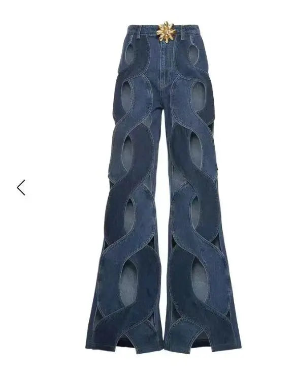 CM.YAYA Women Streetwear Cutout Hollow Out Criss Cross Straight Flare Denim Pants 2023 INS Fashion Wide Leg Jeans Trousers