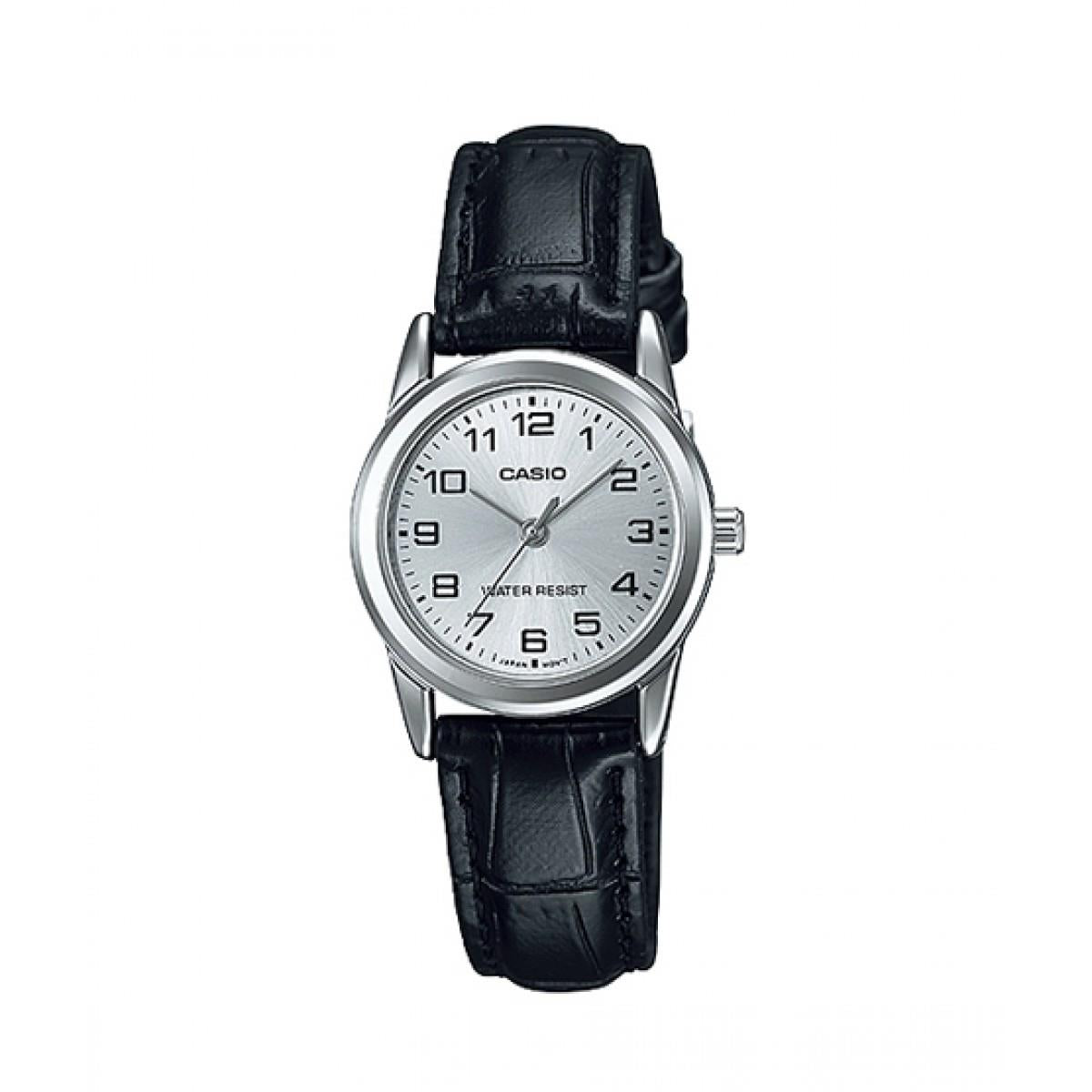 Casio Women's Silver Dial Black Leather Strap Watch -  LTP-V001L-7BUDF