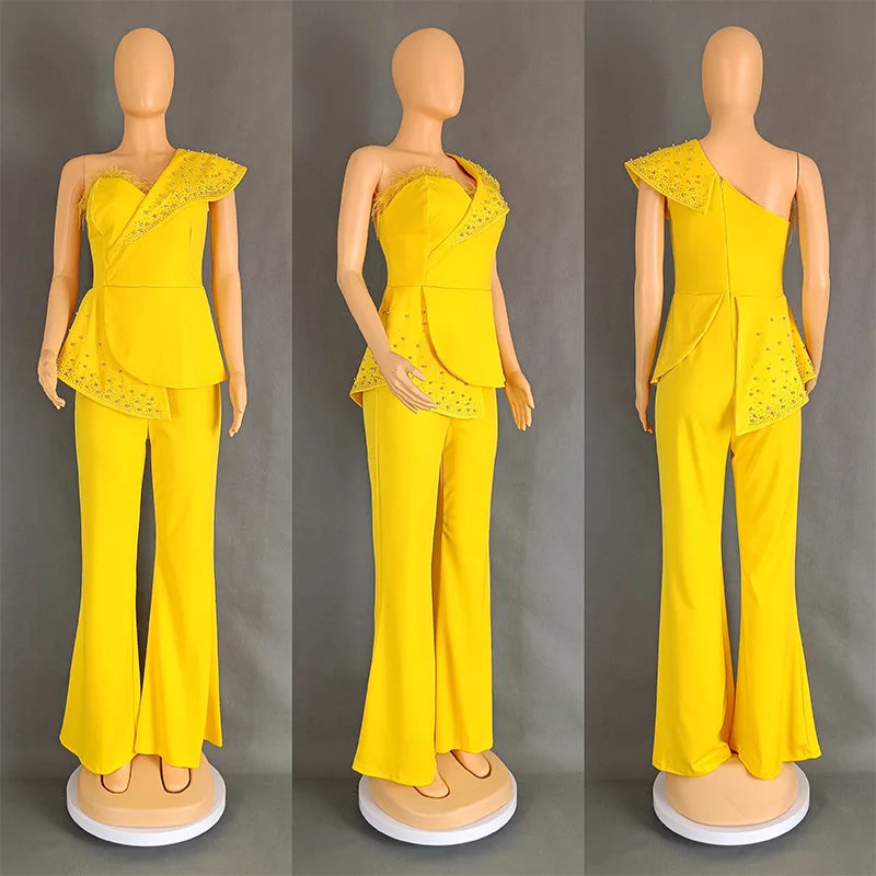 CM.YAYA Vintage Pearl Feather Sleeveless Patchwork Women Party Evening Prom Straight Jumpsuits 2024 Summer Sexy Playsuit Outfit