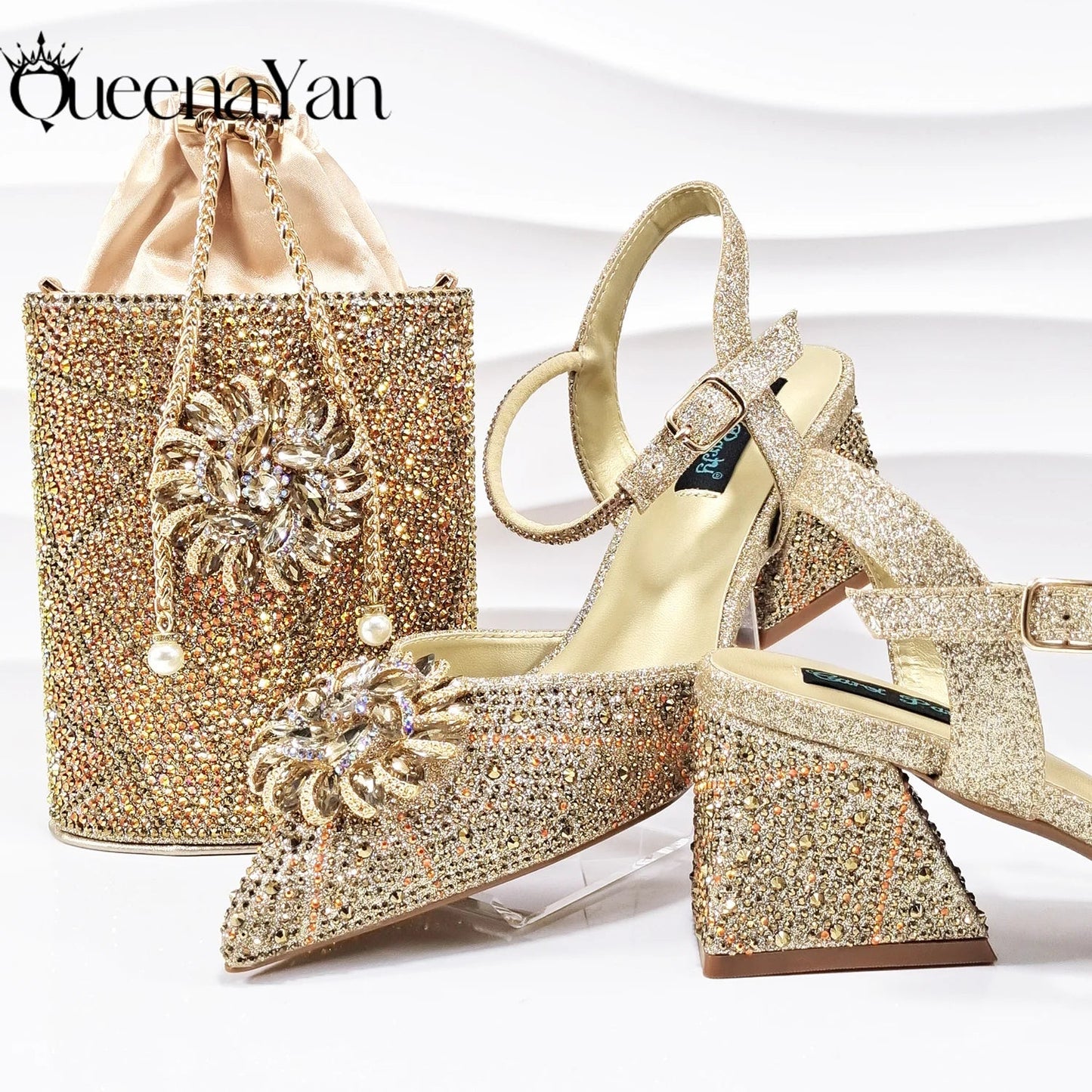 QSGFC High-end Women's Shoes with Diamond Oval Stand Bag Popular in Nigeria Women's High Heels for Special Day
