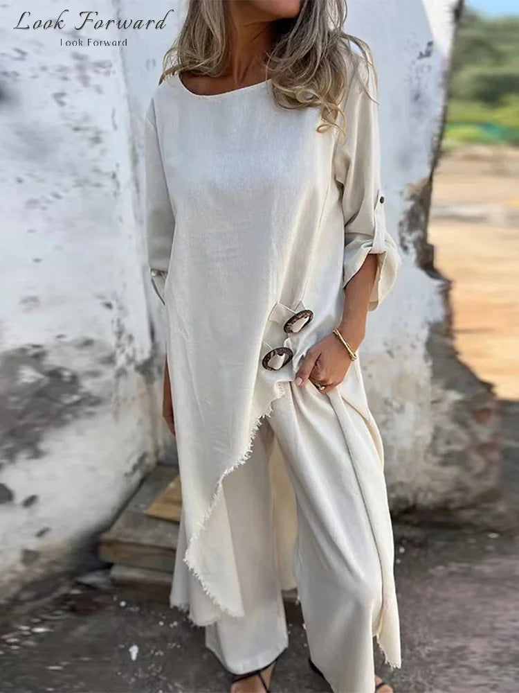 Casual Pants Set Women Loose Irregular O-neck Half Sleeves Pullover  Wide Leg Pants Sets Female Spring Summer Stylish Suit Lady