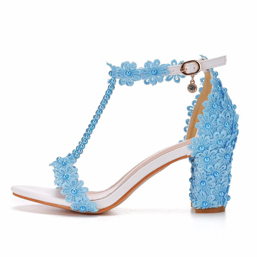 Plus Size 34-43 Shoes for Women Summer Lace Flower Sandals Peep Toe Fashion String Bead High Heel Party Wedding Evening Shoes