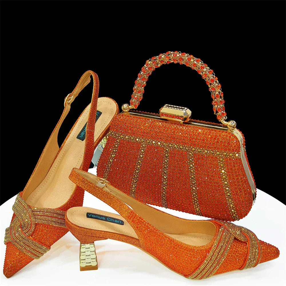Venus Chan Black Hollow Design With Pointed Shoes And Fashion Three-Dimensional Bag Cozy Rhinestones Are Suitable For Parties