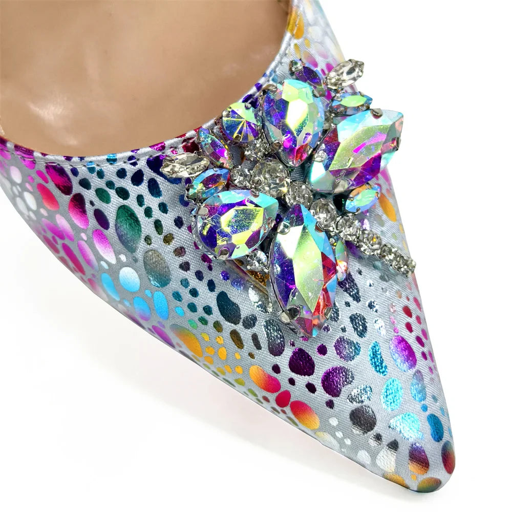 2024 Champagne Color Thin Heels Pointed Toe Crystal Design Ladies Shoes Matching Bag Set For Women Weeding Party Pump