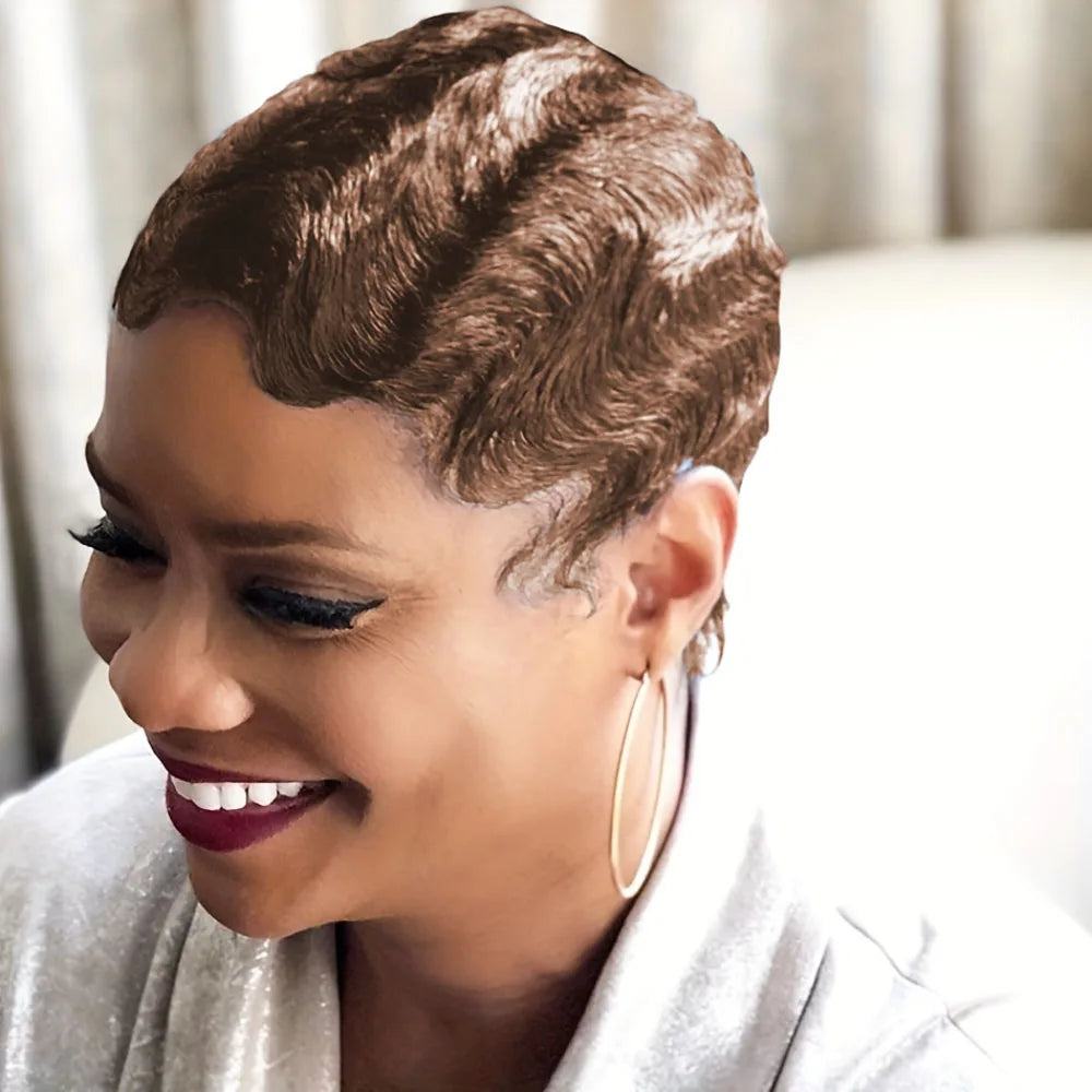 150% Density  Brazilian Finger Wave Curly Pixie Human Hair Wig