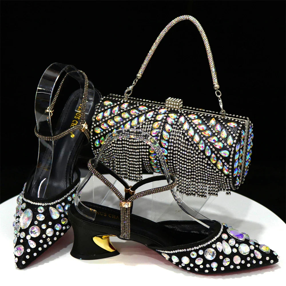 Women's Italian Diamond Lace Designer Matching Shoe and Bag Set