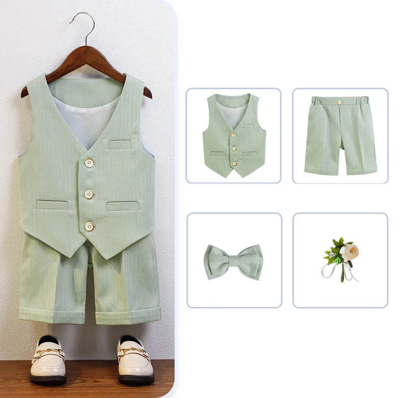 Children Green White Baptism Photography Suit Kids Vest Shirt Shorts Bowtie Ceremony Costume Boys Breathable Wedding Dress