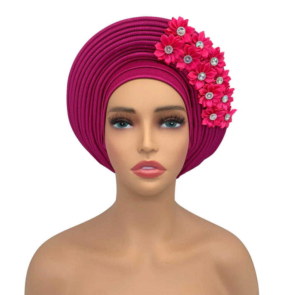 2024 New African Headtie Turban Nigeria Head Ties with Flowers Already Made Auto Gele Women Head Wraps for Wedding Party