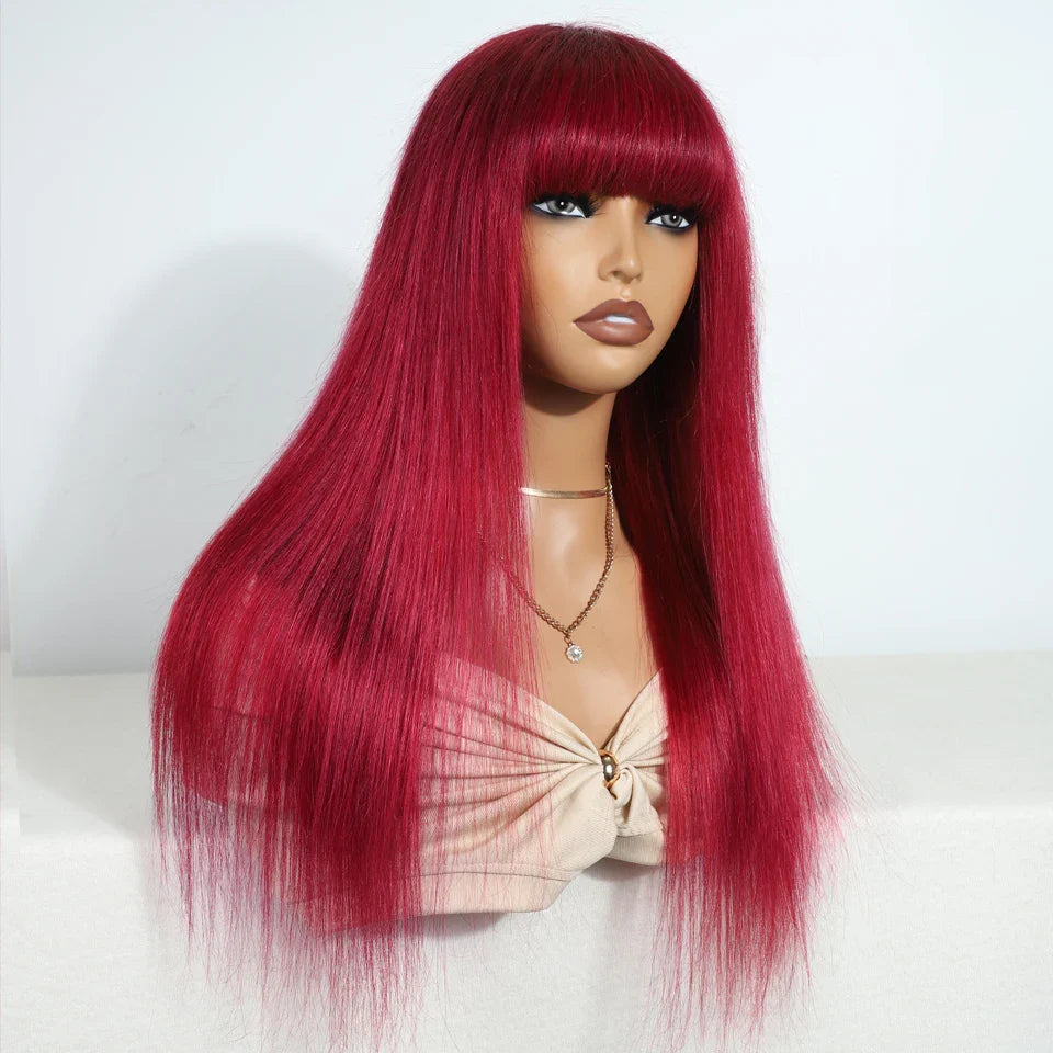 Human Hair Wigs With Bang Brazilian Straight Red Burgundy Human Hair Wigs Brown Color 4# For Black Women None Lace Wigs