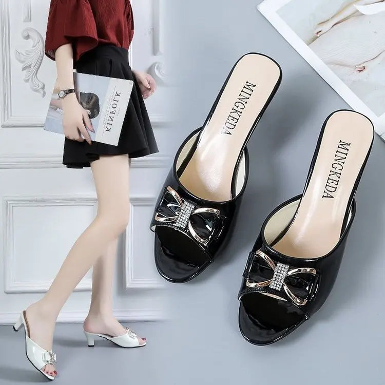 Summer Female Sandals Women Slippers Sexy Open Toe Fish Mouth Slippers  Ladies Rhinestone Bowknot Slides Shoes Plus Size 42