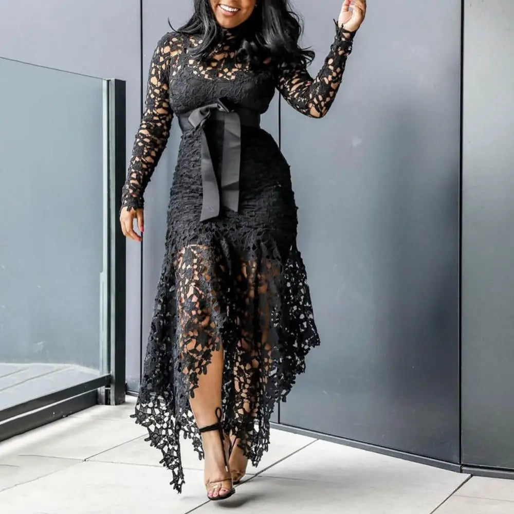 Lace Bow Belted Women Dress Elegant Long Sleeve Irregular Hem Women Bodycon Party Long Dress Vintage Wedding Evening Party Dress