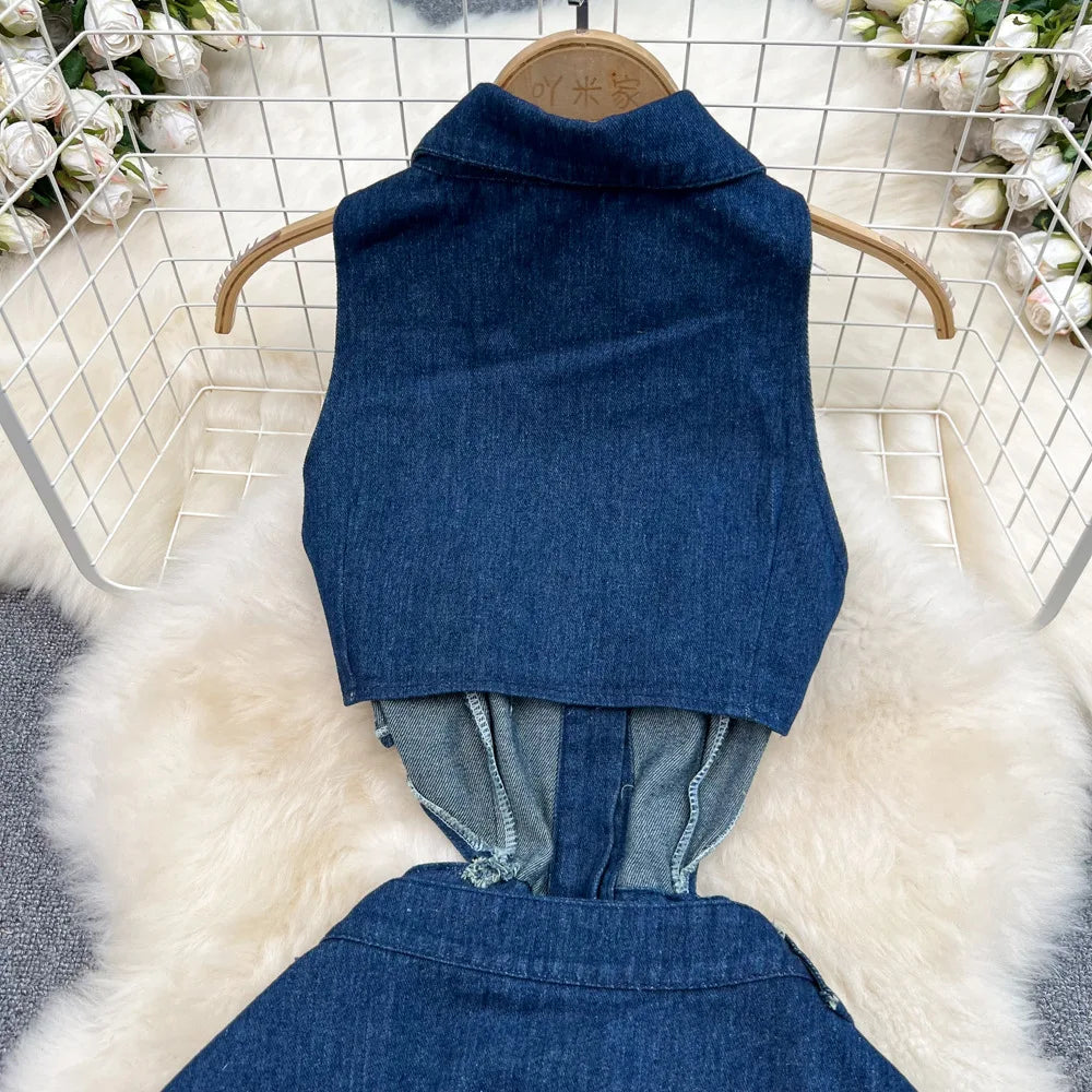 Denim Dress Women Long Dresses Turn Down Collar Sleeveless Party Club Hollow Out Jeans High Waist Slim Single Breasted Vestidos