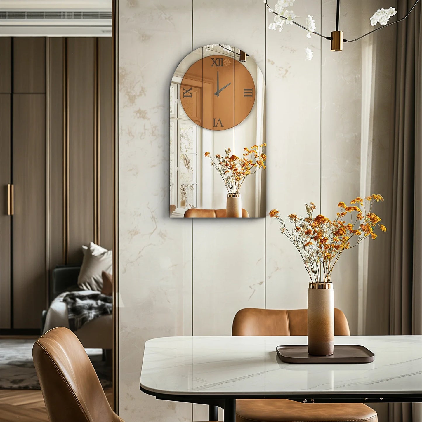 Modern Arched Mirrored Wall Clock Silver Glass Roman Numerals Decorative Clock for Living Room Bedroom