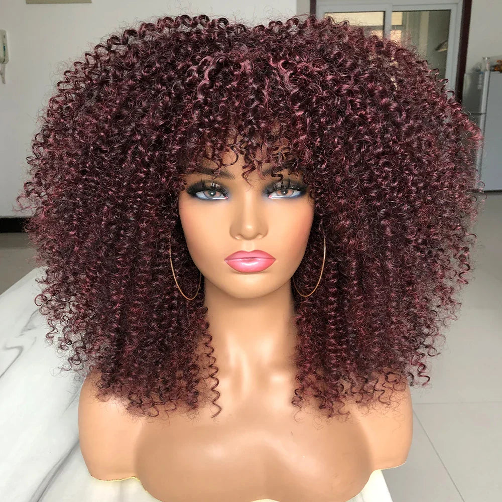 Curly Afro Wigs for Black Women Short Curly Wig with Bangs Kinky Curls Curly Hair Synthetic Wigs for African American Women