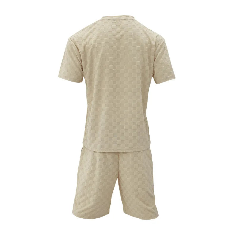 Men White Jacquard Checkered Short Sleeve Shorts Set Men's High-End Two-Piece Summer Trendy Clothing One Set Match Male Fashion