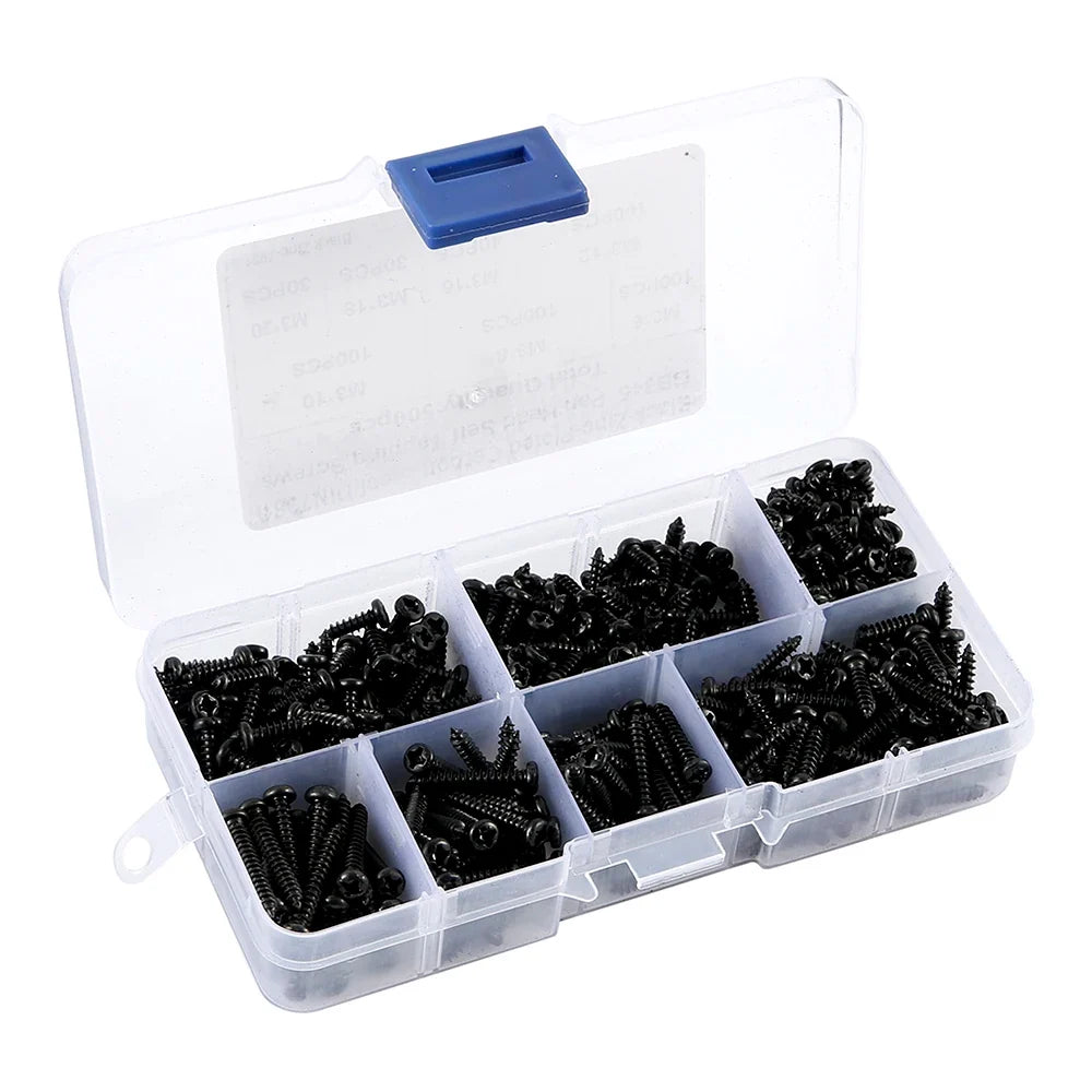 500/1000Pcs M3 Screws Sets Self Tapping Screws Pan Head Cross Drilling Wood Screw Assortment Kit M3/M4/M3.5/M4.8 Carbon Steel