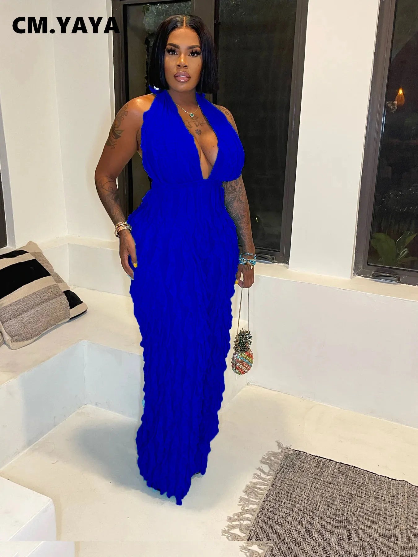 CM.YAYA Fashion Women Wave Ruffles Halter Deep V-neck Backless Sleeveless Wide Leg Jumpsuit 2023 Sexy Party Club Romper Playsuit