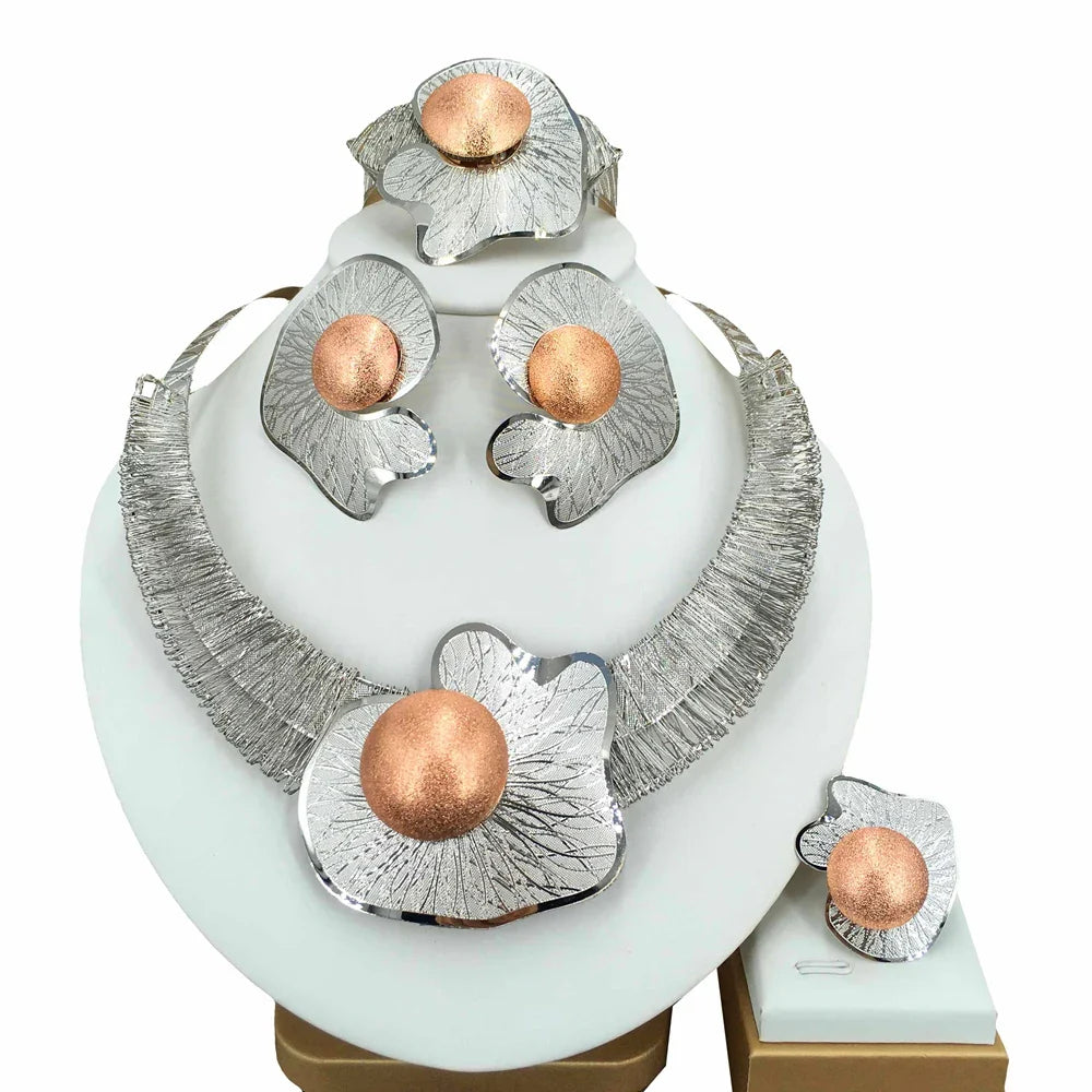 Fashion Dubai Gold-Plated Jewelry Set Simple Style African Necklace All Copper Material Hollow Surround Jewelry FHK15529