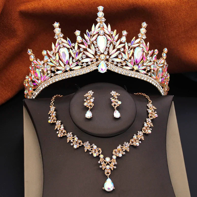 3 Pcs Princess Wedding Crown Jewelry Sets and Tiaras Green Pink Bride Necklace Earrings Set Girls Prom Birthday Accessory