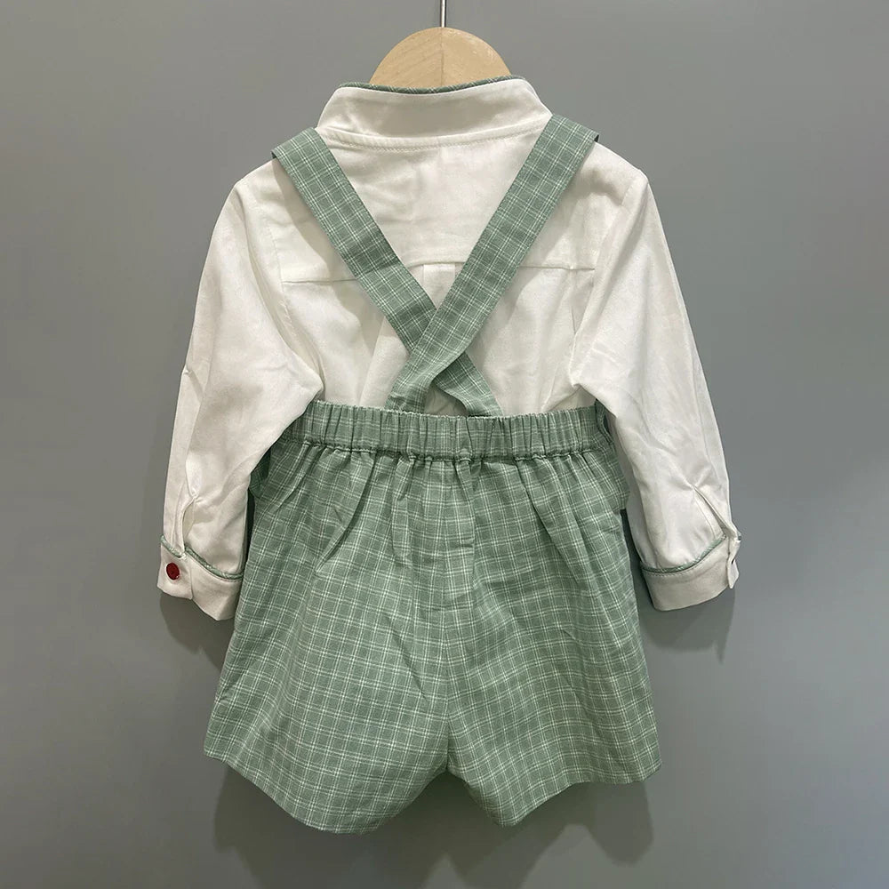 Children's Boutique Clothing Autumn Toddler Boys Cotton Long Sleeve Set White Shirt Green Plaid Bib Pants British Style