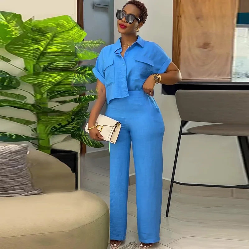 Casual Women's Solid Two Piece Sets Spring Summer Turn-down Neck Short Sleeve Loose Top & Wide Leg Pants Set Streetwear Outfits