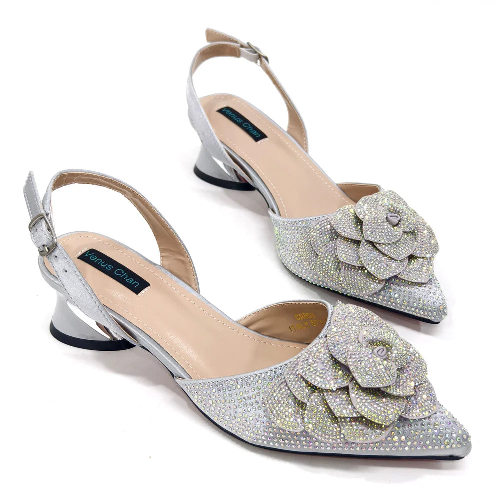 Women's Pointed-Toe Large Flower Decoration Rhinestone Low Heel Italian Shoes and Bags Set