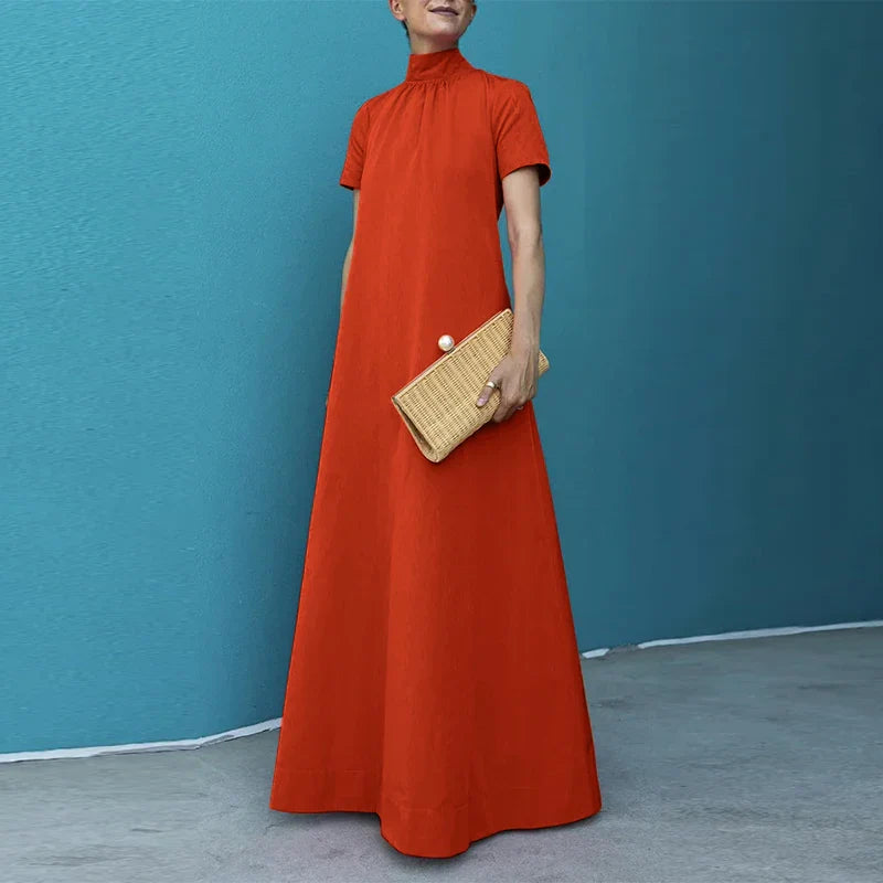 Summer High Collar Kleid Robes Casual Loose Party Long Dresses Women Short Sleeve Maxi Dress Elegant Solid 2023 Vestidos