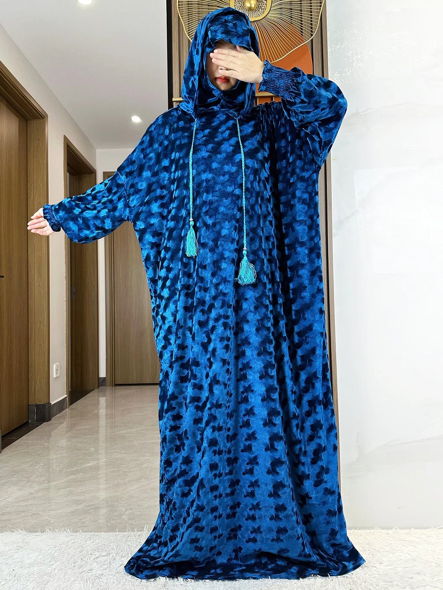 High Quality Velvet Fabric 2025 Ramadan Muslim Lady's Abaya Two-Hats Dubai Turkey Style Islamic Prayer Clothing Kaftan Dress
