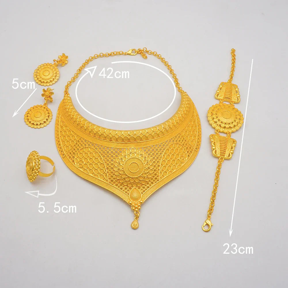 Indian Dubai Gold Color Jewelry Sets For Women Earring & Necklace Nigeria Moroccan Bridal Wedding Party Gifts
