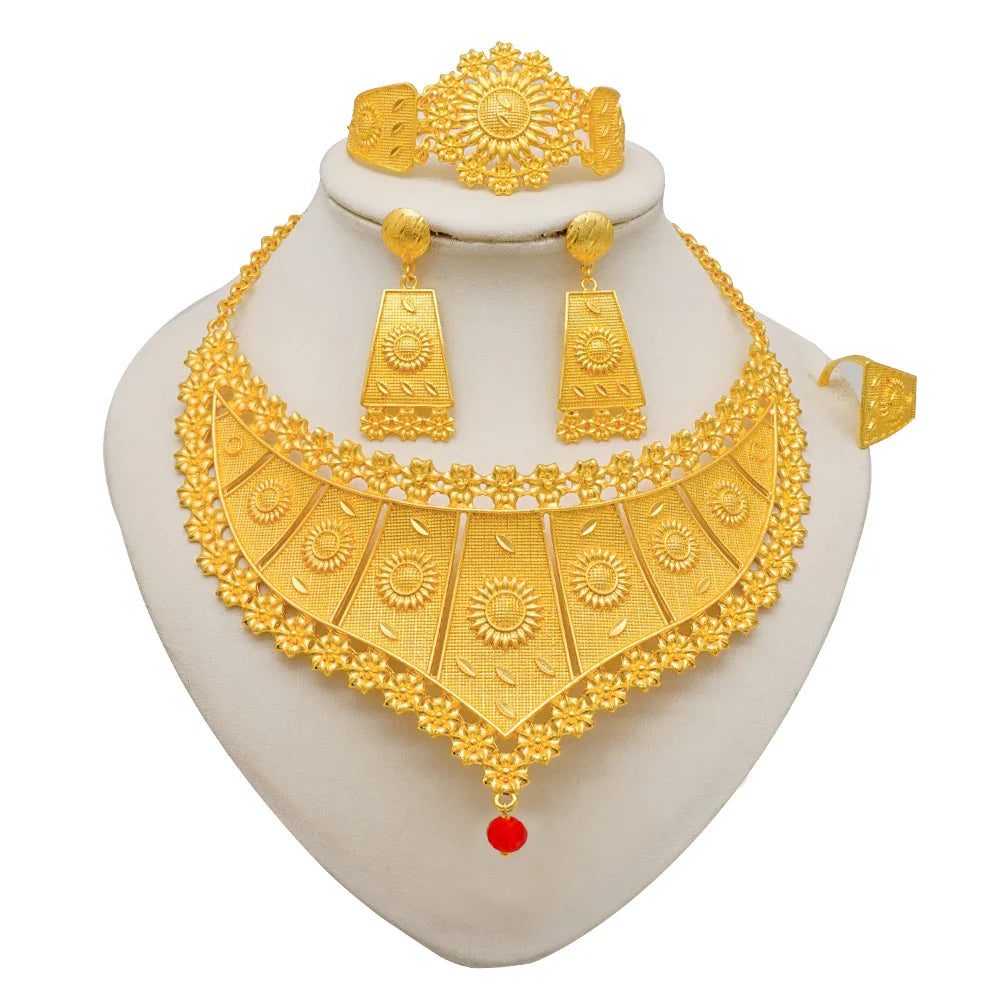 Indian Dubai Gold Color Jewelry Sets For Women Earring & Necklace Nigeria Moroccan Bridal Wedding Party Gifts