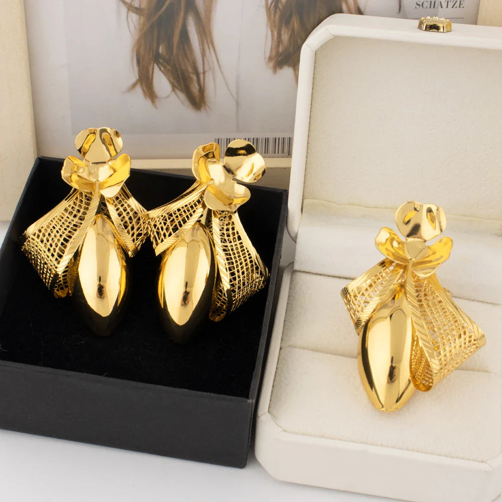 Luxury Bow Tie Necklace Earrings for Women Gold Plated