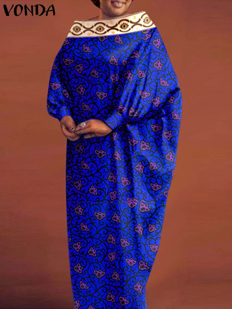 Women's Bohemian Printing Maxi Dress Long Bat-wing Sleeve Elegant Casual Round Neck