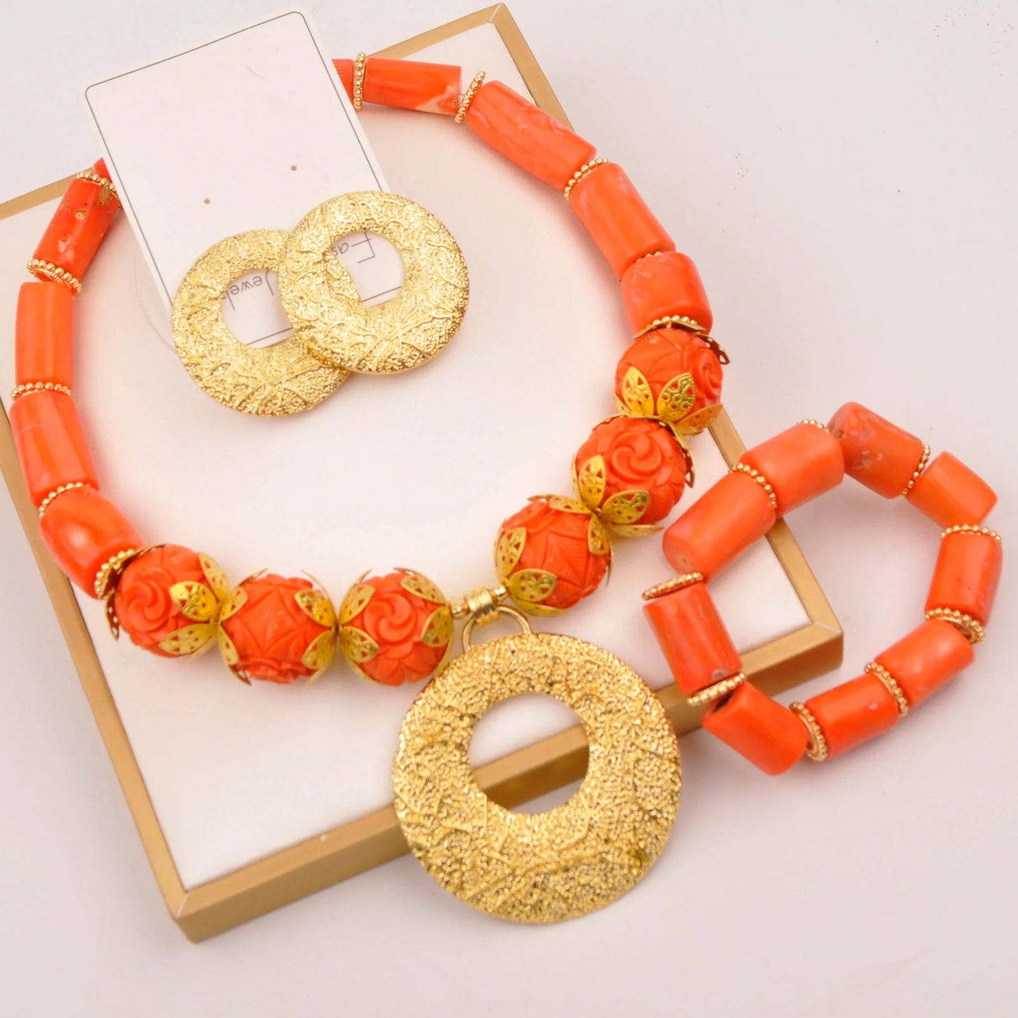 Natural coral beads orange necklace set for stylish Nigerian wedding couple African jewelry