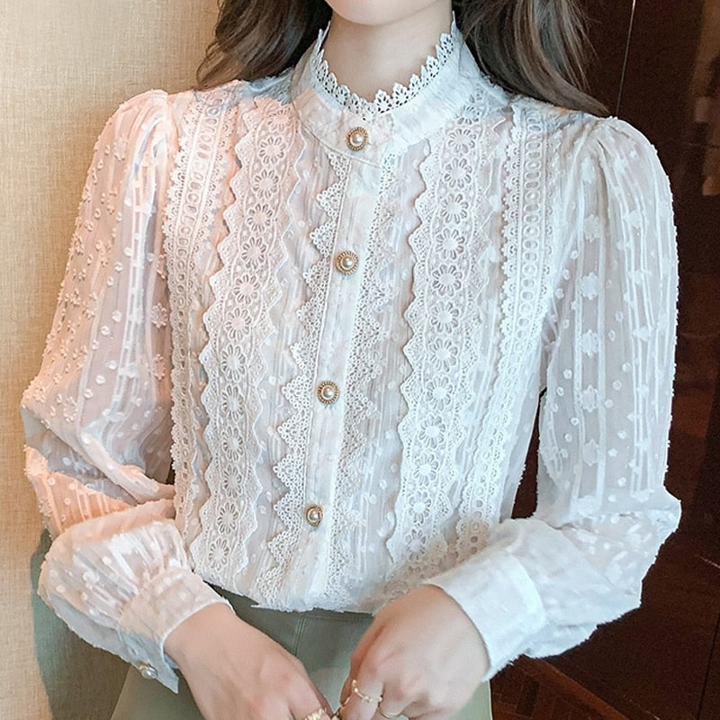 Women White Lace Blouse Shirt Women Tops Long Sleeve Blouse